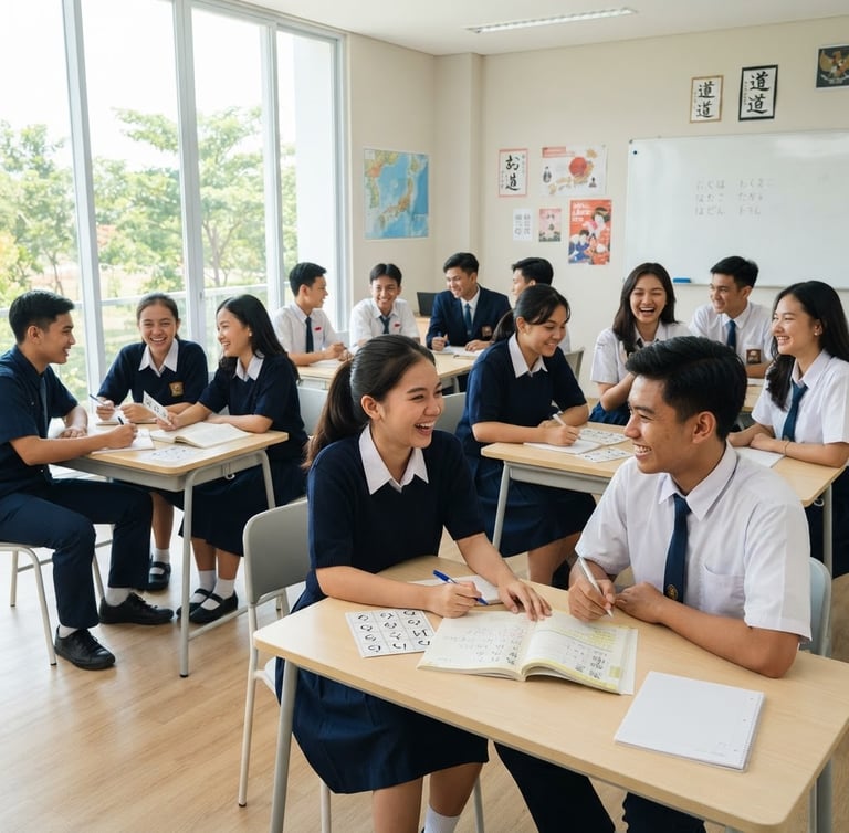 Indonesian students in clean dark blue uniforms practicing Japanese in a modern bright classroom, looking optimistic, 35mm lens, sharp focus
