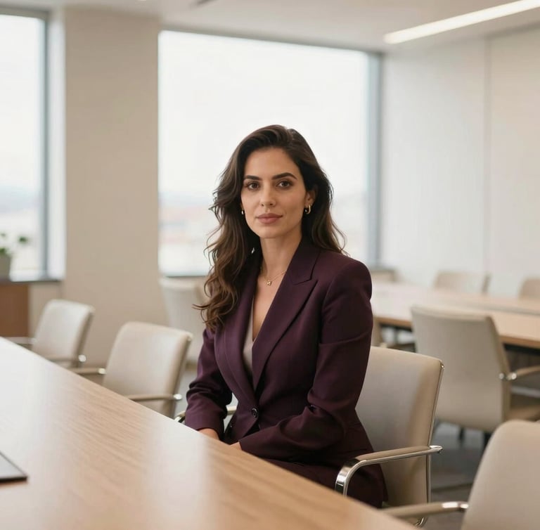 Wide editorial portrait of a confident female executive sitting in a sunlit modern conference room in Quito, wearing an elegant dark plum blazer, soft champagne lighting, shallow depth of field, 35mm