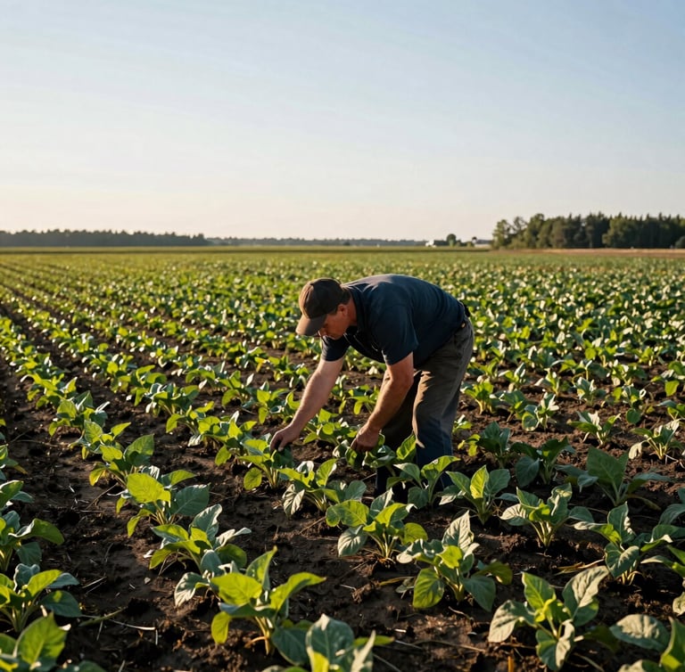 An agricultural worker inspecting crops in a Quebec field during golden hour, environmental documentary style, high-contrast natural light