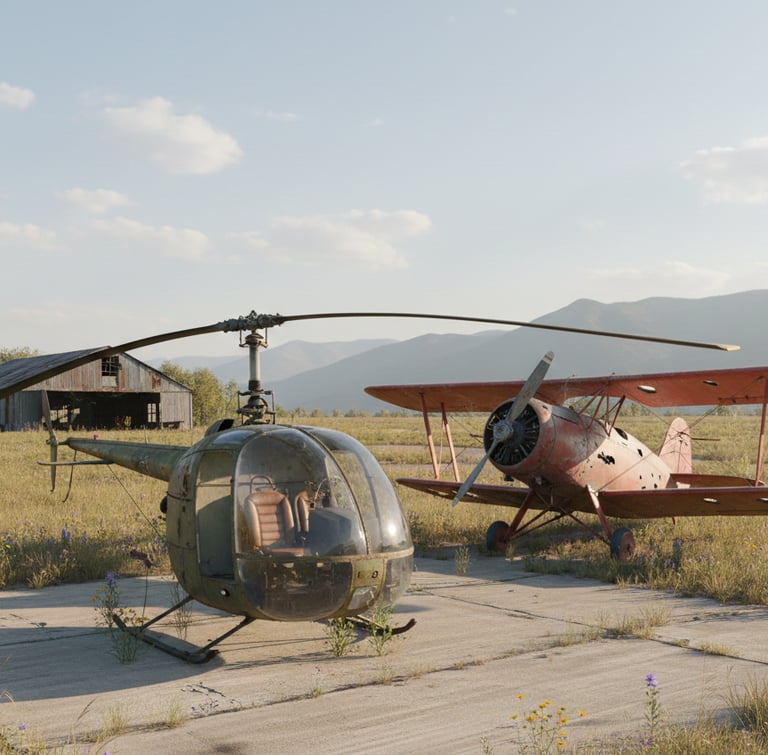 a helicopter with a plane on the ground