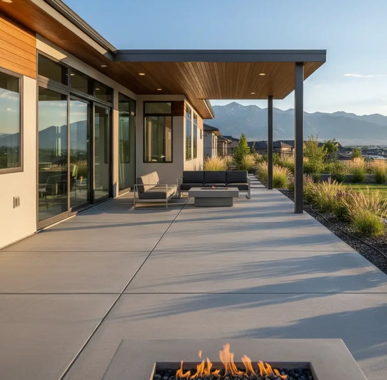 Beautiful concrete patio at a modern home in Riverton, Utah.