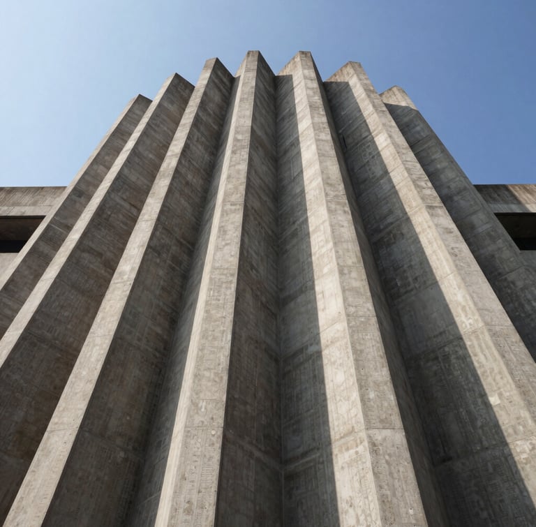Dramatic low-angle perspective shot of a monumental civic concrete facade in Northern India, crisp high-contrast daylight, sharp geometric shadows, clean sky.