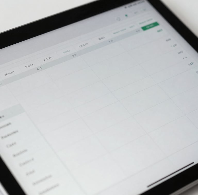 Macro close-up of a high-fidelity financial dashboard mockup on a tablet screen, crisp neutral studio lighting, clean structured interface grids, soft shadows, pure white background context.