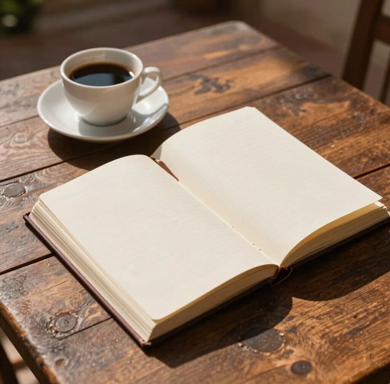 A sun-drenched wooden table in a Tuscan courtyard with an open linen-bound journal, a cup of black coffee, and soft morning shadows, shot from above.