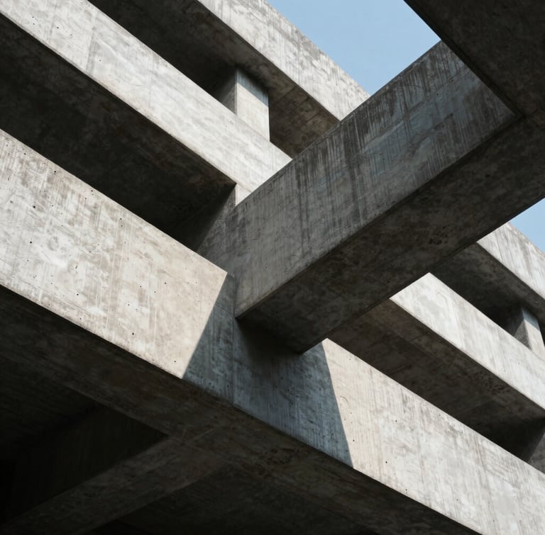 Tight abstract architectural crop of concrete and steel beams intersecting under natural high-contrast daylight, casting deep clean shadows.