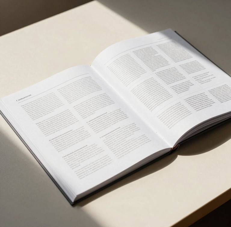 Crisp overhead view of a printed editorial layout grid on a warm cream desk, sharp shadows, minimalist design book open, natural morning light.