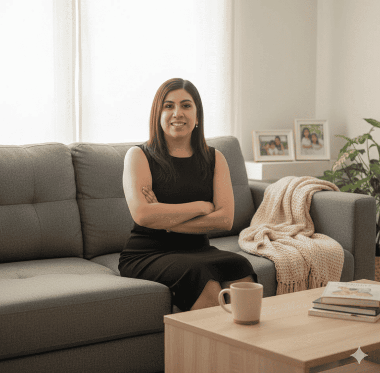 Dra Isis Alvarado Pediatra con vestido negro sentada en un sofá gris en una oficina en casa moderna.