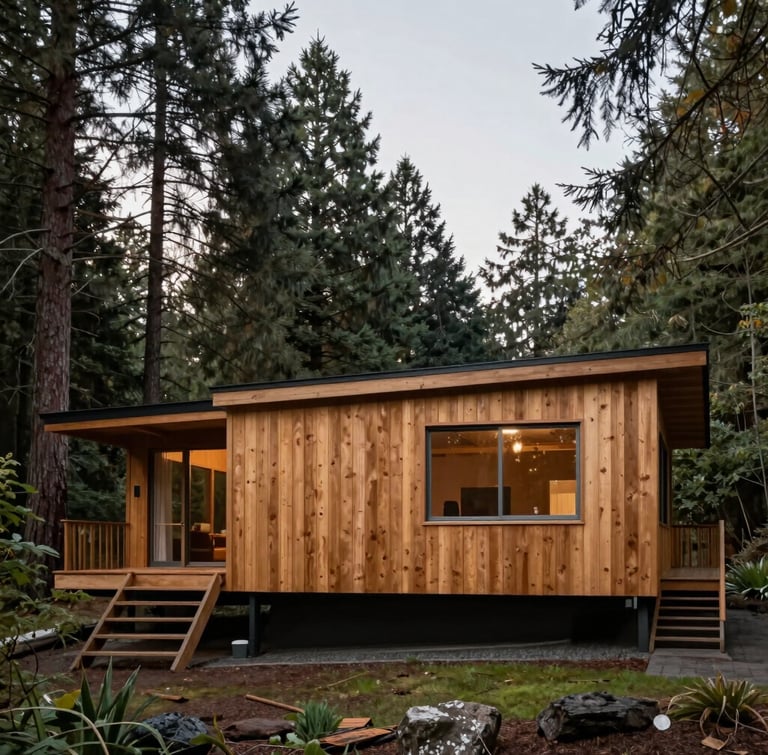 Flat-on architectural elevation of a mid-century modern home in the Pacific Northwest forest, raw cedar cladding, overcast light, soft side-lighting, surrounded by tall fir trees.
