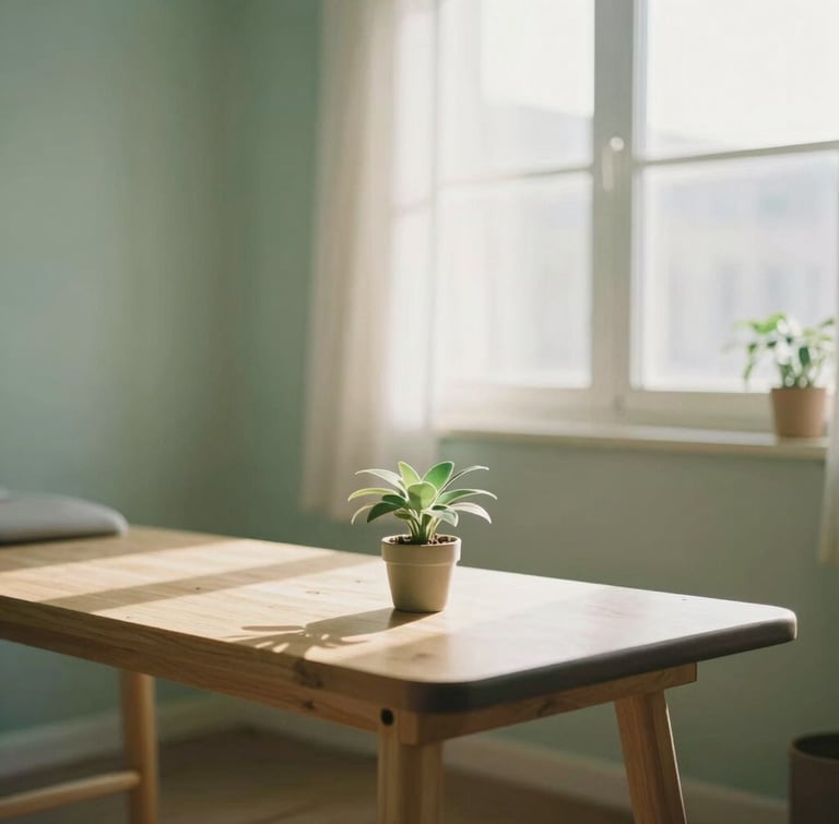 A serene, sunlit therapy room with soft morning window light, a wooden table holding a single plant, sage green walls, warm sand tones, shallow depth of field, 35mm