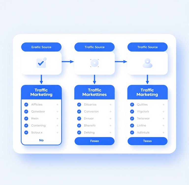A clean minimalist UI mockup of an affiliate marketing sales funnel workflow diagram, showing traffic sources connecting to conversion pages, electric blue accents, crisp white background.