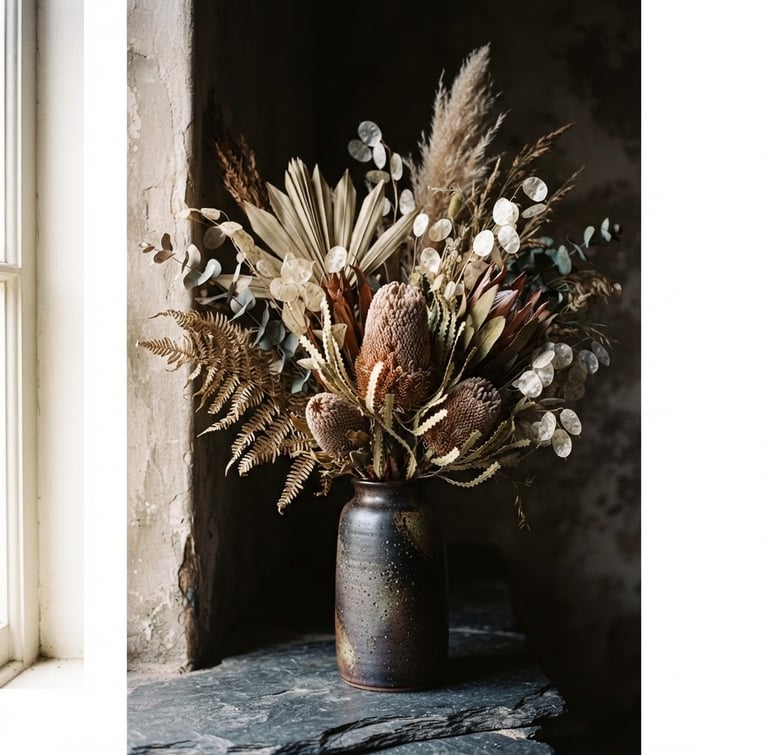 Tall portrait of exotic dried botanicals including banksia and palm spears arranged on a dark stone surface, soft side lighting, deep shadows, 35mm lens