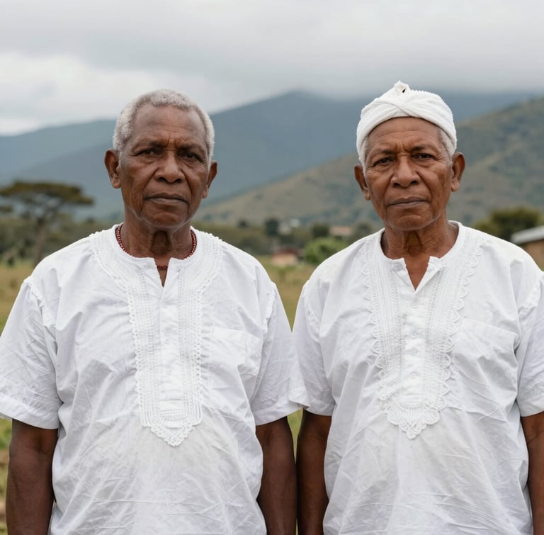 Dignified portrait of Wiwa and Kogui community leaders in traditional white clothing, direct gaze, natural overcast mountain light, respectful editorial style, 35mm lens.