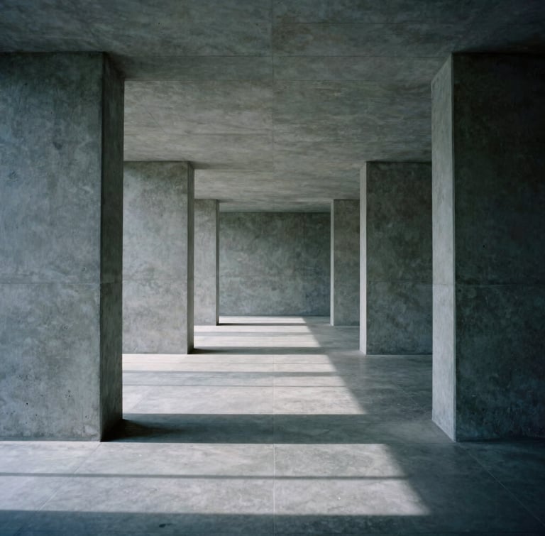 Wide environmental shot of an empty minimalist corporate boardroom, strong linear perspective, architectural concrete pillars, hard directional daylight casting crisp geometric shadows, cool gray tones, 35mm lens.