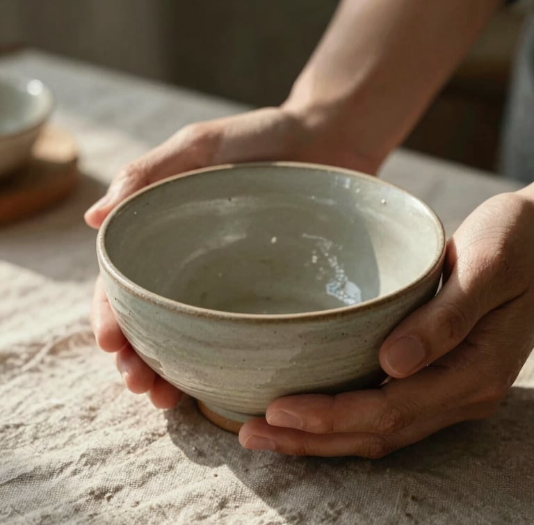 A close-up of hands holding a raw, textured ceramic bowl in soft morning light, casting gentle shadows on a linen surface.