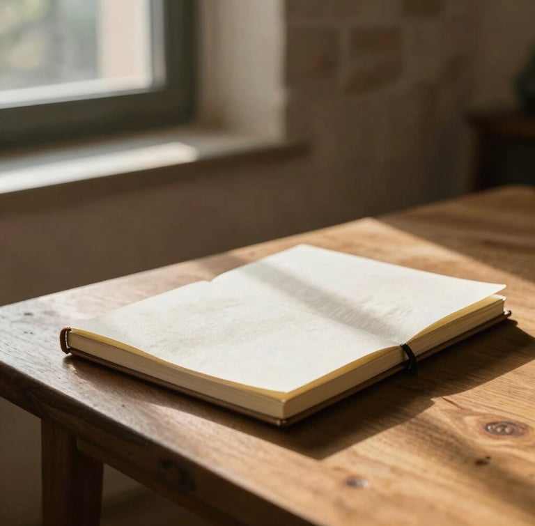 A quiet, sunlit room with raw stone walls, a wooden table holding a linen notebook, soft shadows cast by a window, warm morning light, high depth of field.