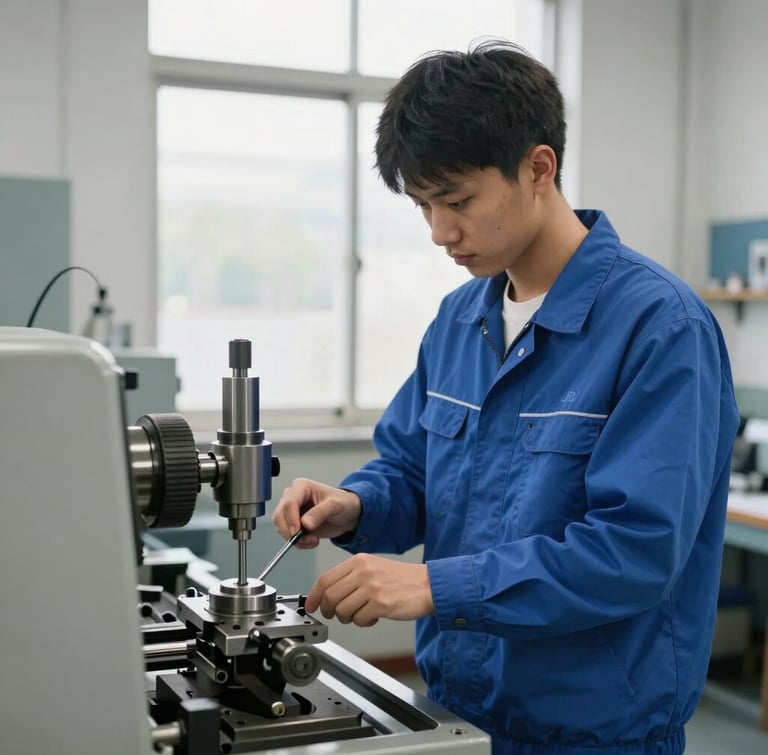Medium shot of a young male student in a clean blue engineering uniform operating a precision metal lathe machine in a bright, well-lit workshop, natural window light.