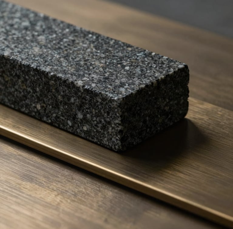 Macro photograph of textured dark granite block resting on brushed bronze plates, sharp clean architectural lines, soft side light with deep shadows, high-end minimalist composition.