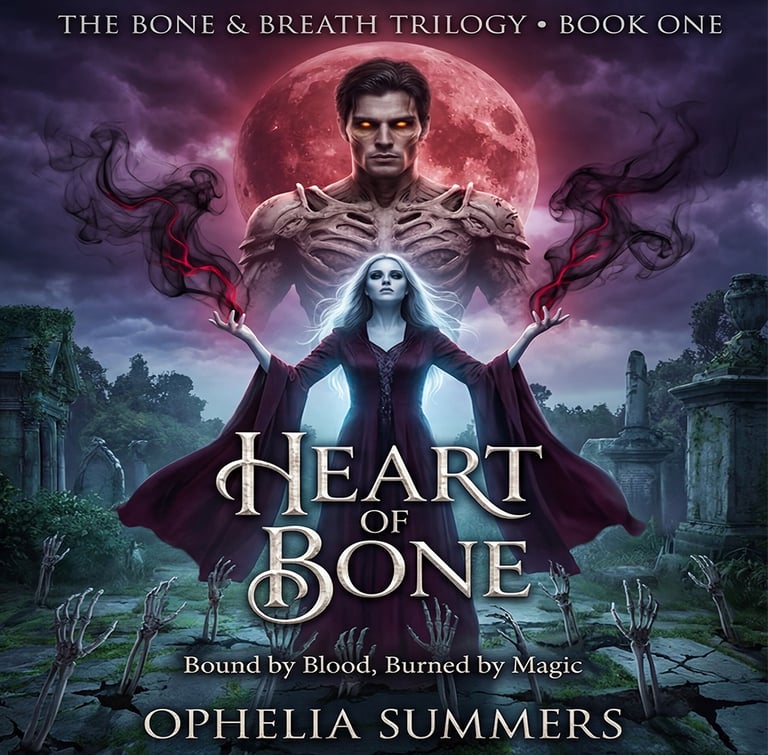 Heart of Bone book cover featuring silver-haired necromancer wielding dark magic and armored warrior