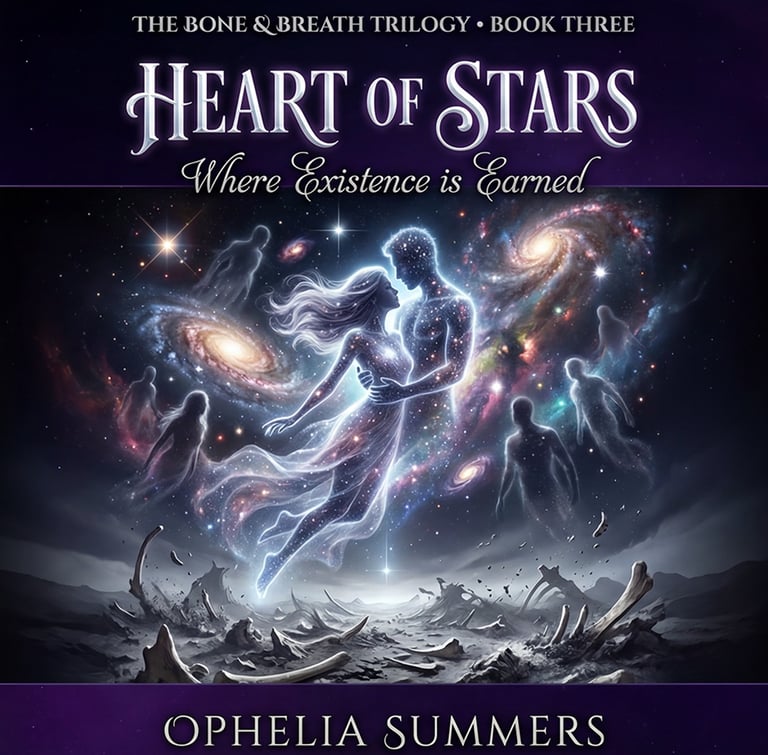 Heart of Stars book cover featuring silver-haired woman embracing ethereal starlight man made of con