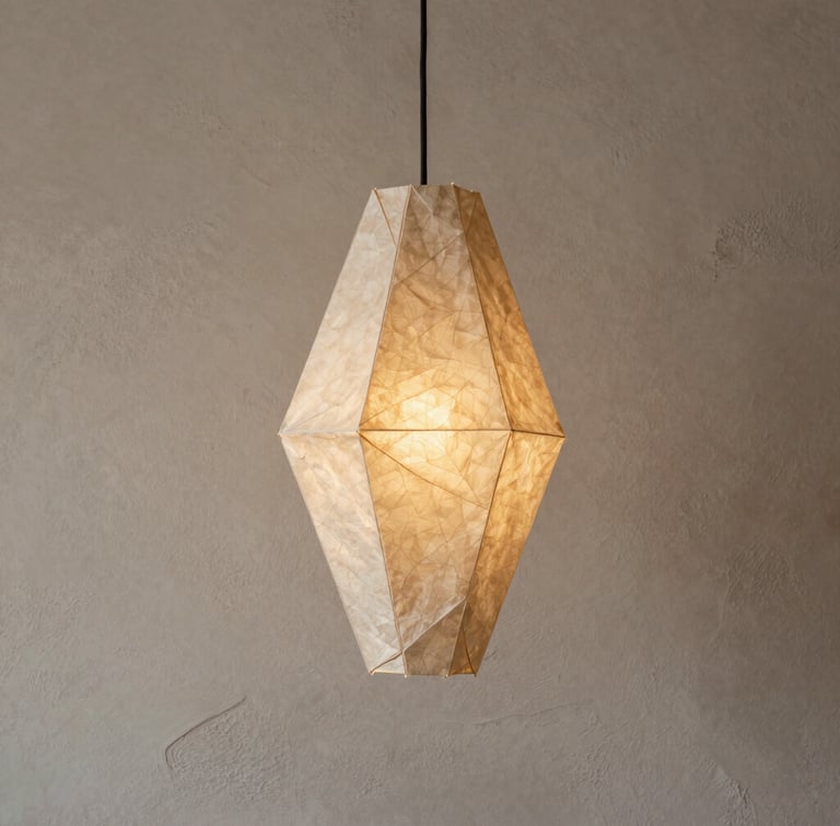 A tall portrait shot of a single handcrafted origami pendant lamp made of textured beige paper, unlit, hanging against a raw plaster wall in soft morning side light.