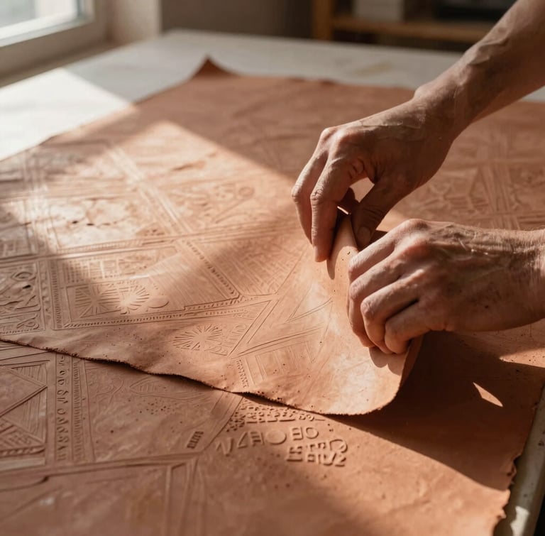 Close-up of artisan hands folding a large sheet of textured terracotta paper with subtle geometric patterns, soft side lighting from a window casting delicate shadows, Saint-Paul-de-Vence studio setting.