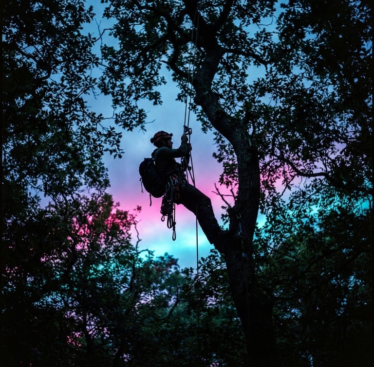 Low-angle heroic shot of a tree climber silhouetted in a high canopy at twilight, neon magenta and cyan backlighting, rigging ropes and carabiners visible, 35mm.