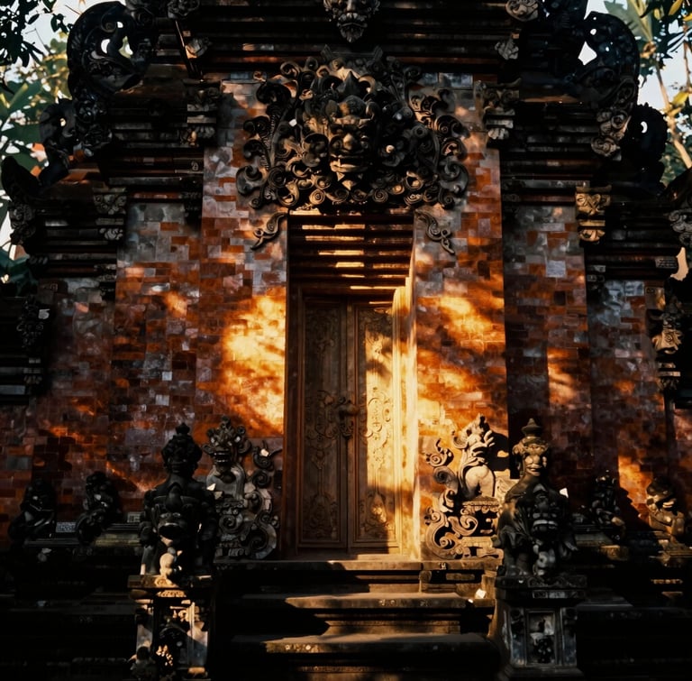Chiaroscuro portrait of stone temple architecture in Ubud, warm golden light piercing through dark shadows, 35mm film grain, moody atmosphere