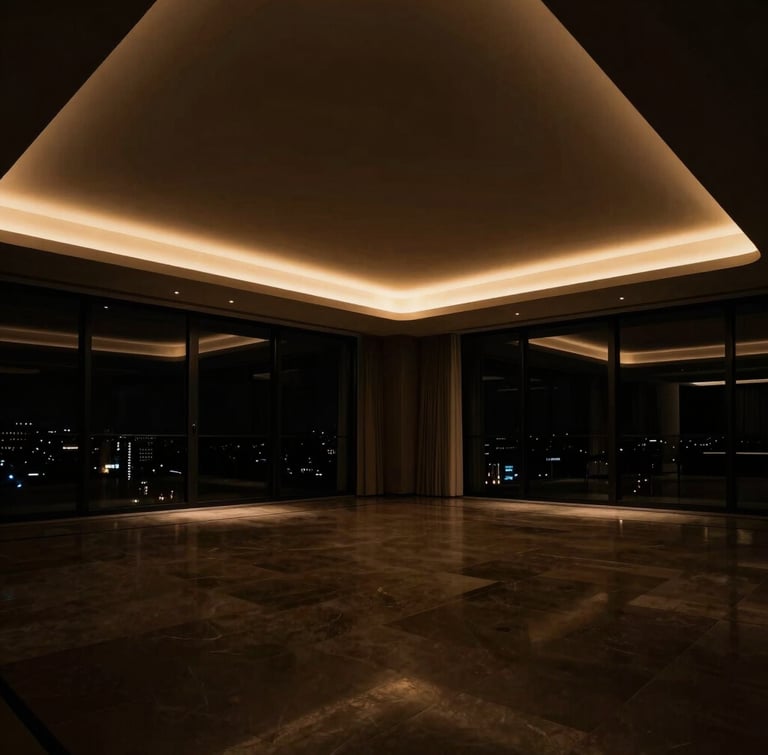 Sleek editorial photograph of a luxury penthouse interior, dramatic high-contrast lighting, warm amber tones, photorealistic 35mm