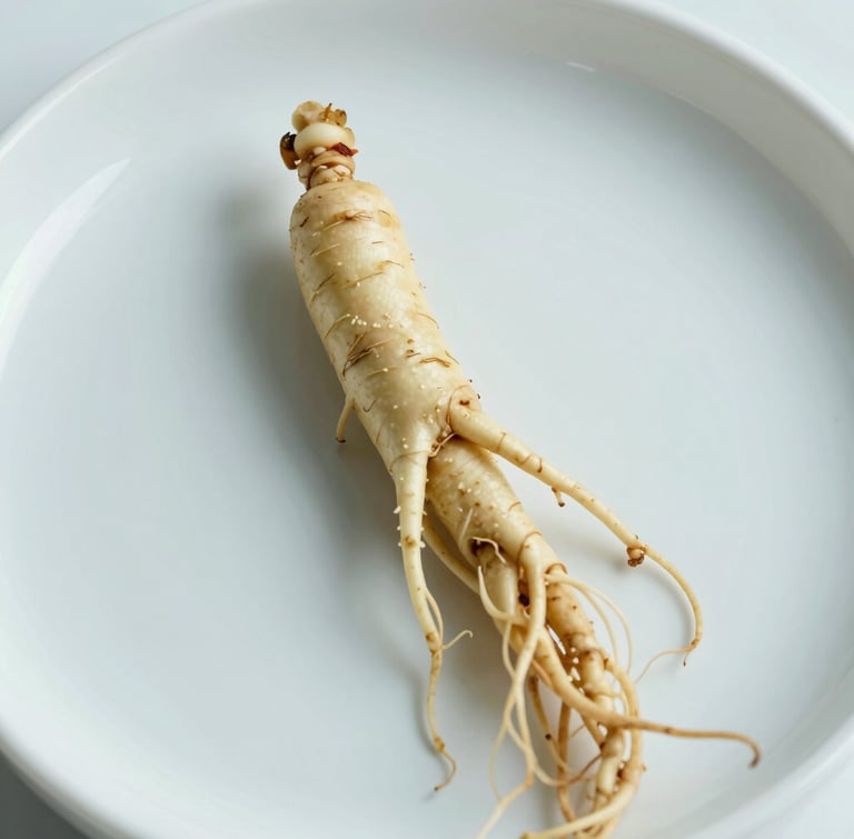 Macro shot of fresh green ginseng root on a clean white laboratory dish, bright clinical daylight, soft green shadows, sharp focus.