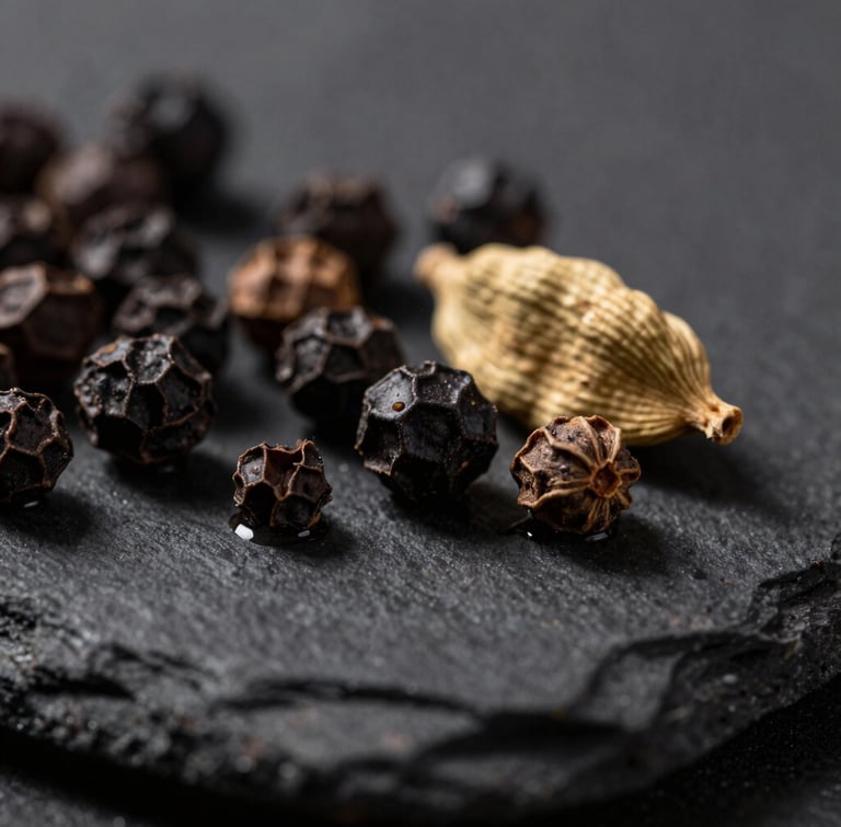 Macro shot of whole black pepper and cardamom pods resting on a dark slate surface, dramatic side-lighting highlighting natural oils and textures, shallow depth of field