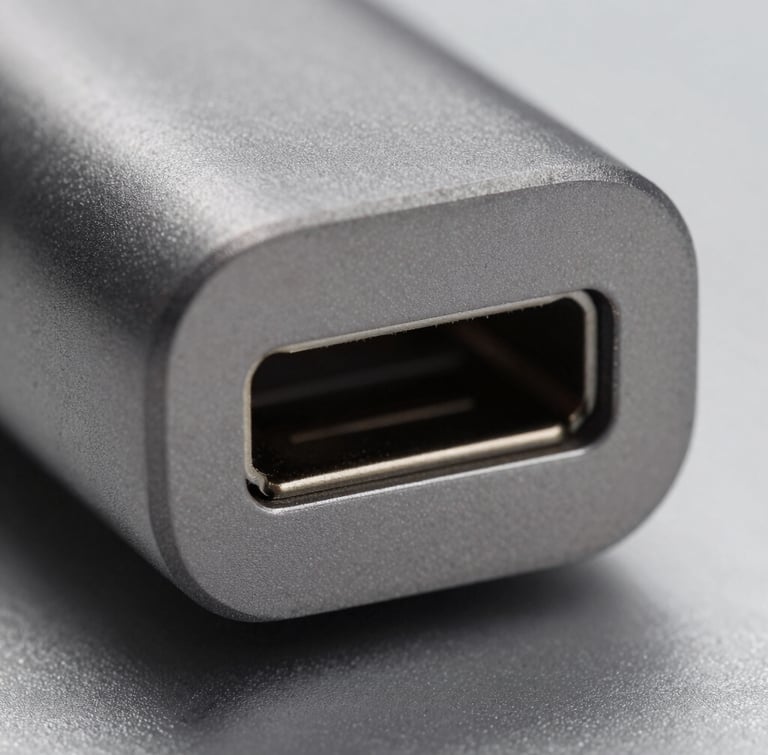 Extreme macro shot of a matte-finished anodized aluminum USB-C port, hard directional studio key light casting sharp shadows, low-saturation metallic gray tones, sharp technical focus on internal contacts.