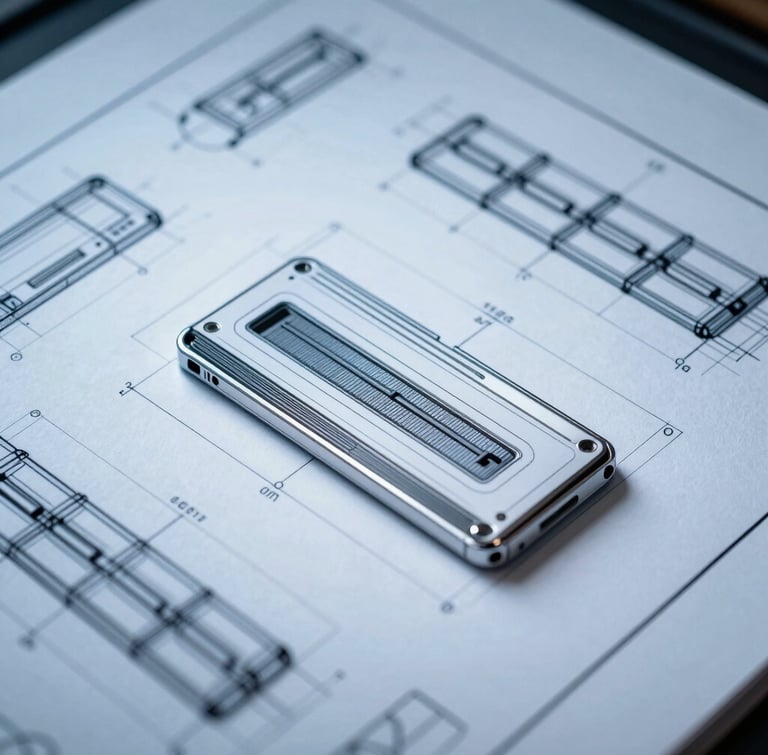 Extreme close-up of a high-fidelity UI wireframe with technical blueprints, cool diffused blue backlighting, sharp high-contrast shadows, and stark white key lights.