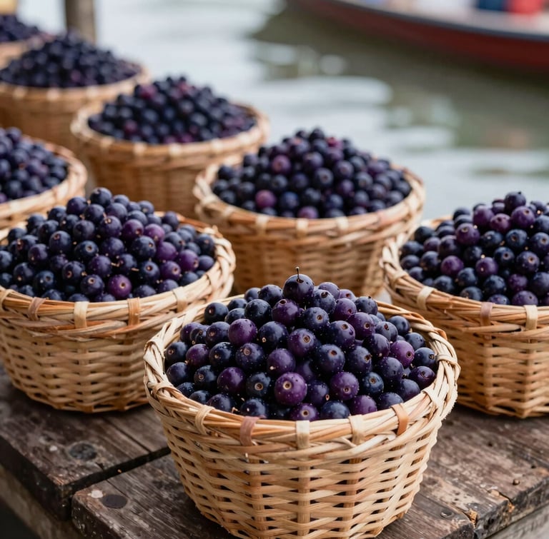 Close-up of raw purple açaí berries inside traditional wicker baskets called paneiros, resting on the wooden docks of the Ver-o-Peso market in Belém, soft humid morning daylight.