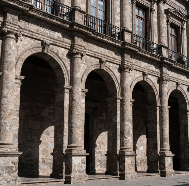 Architectural lines of a classic courthouse facade in Guadalajara, high-contrast natural light casting deep shadows on stone columns, solemn atmosphere, Jalisco.