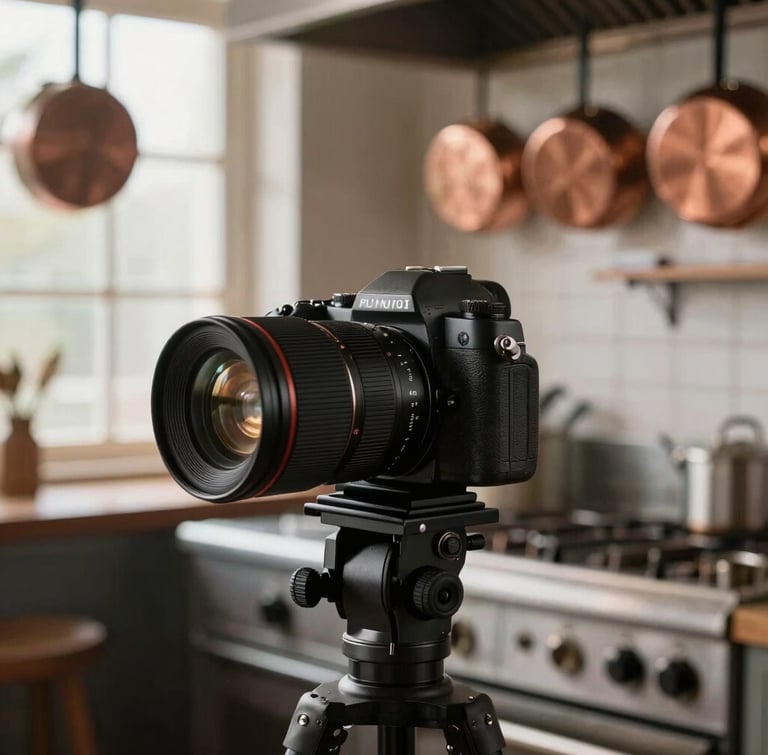 A portrait of a camera setup in a rustic restaurant kitchen, soft morning light filtering through a window, copper pans hanging in the background.