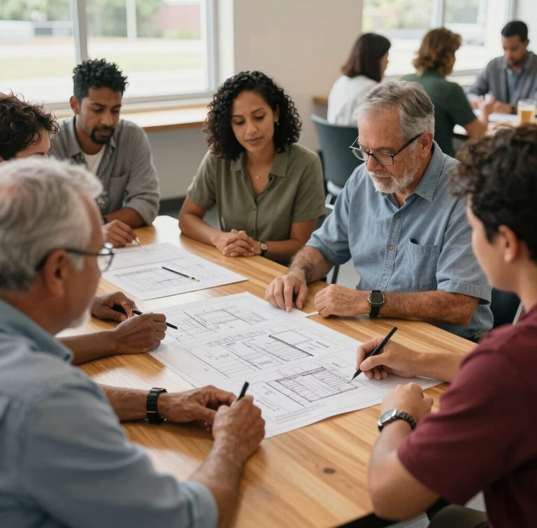 A warm, natural daylight shot of diverse community leaders collaborating around a wooden table in a well-lit Tampa community center, focused on physical program blueprints.