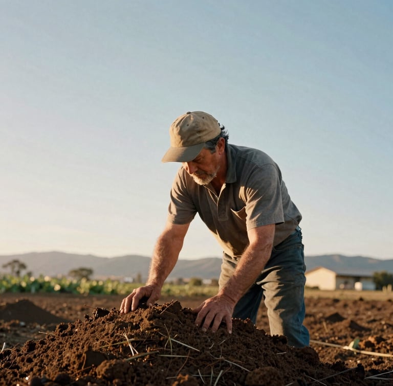 Low-angle environmental portrait of a farmer in Ventura County inspecting rich dark compost under warm golden-hour California sunlight, 35mm film style.