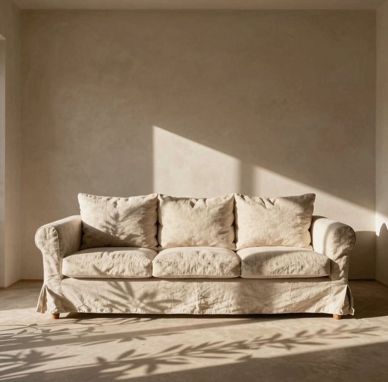 A warm sun-drenched minimalist living room with plaster walls, a linen sofa, shadows of olive leaves cast on the floor, natural warm afternoon light, editorial interior photography style.