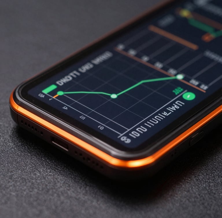 Extreme macro orthographic view of a rugged Android test device screen displaying a high-framerate diagnostic graph, sharp safety-orange rim lighting reflecting on the glass edge, dark charcoal background