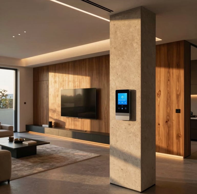 Wide environmental shot of a modern architectural living room at golden hour, warm LED lighting highlighting rich wood panels, a sleek integrated smart control panel on a concrete column in the foreground, 35mm photography, warm editorial style