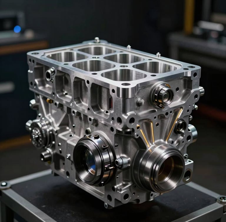 Cinematic close-up of a machined aluminum engine block, low-key dramatic studio lighting with cold silver key lights and subtle gold telemetry lines, shallow depth of field, high-contrast executive feel.