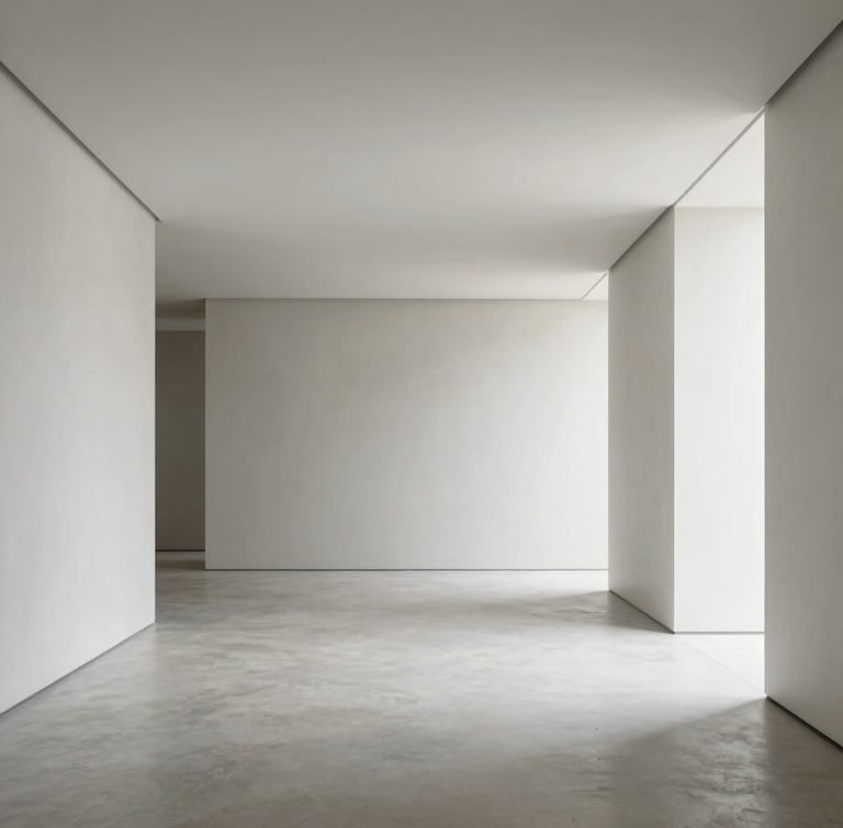 Minimalist modern apartment interior with high ceilings and bright daylight, clean architectural lines, pristine concrete floor, neutral cool tones, 35mm lens