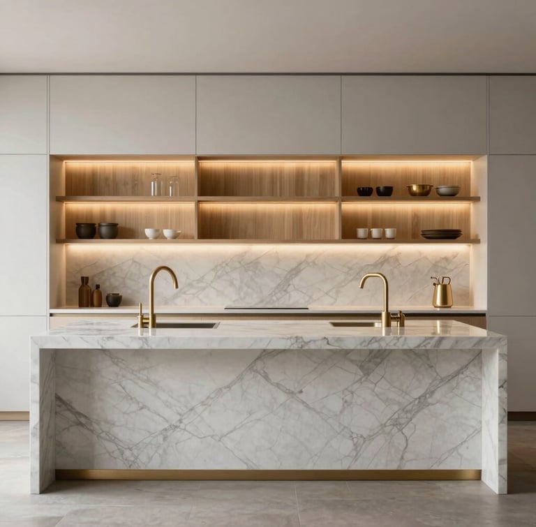 Straight-on architectural elevation of a minimalist luxury kitchen island with bookmatched marble veins, brushed gold fixtures, warm integrated LED accent lighting glowing under oak shelves, diffused daylight.