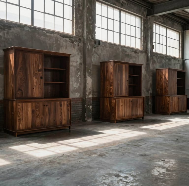 Wide environmental shot of an industrial loft, deep walnut cabinetry dividing an open floor plan, sharp shadows from large factory windows.