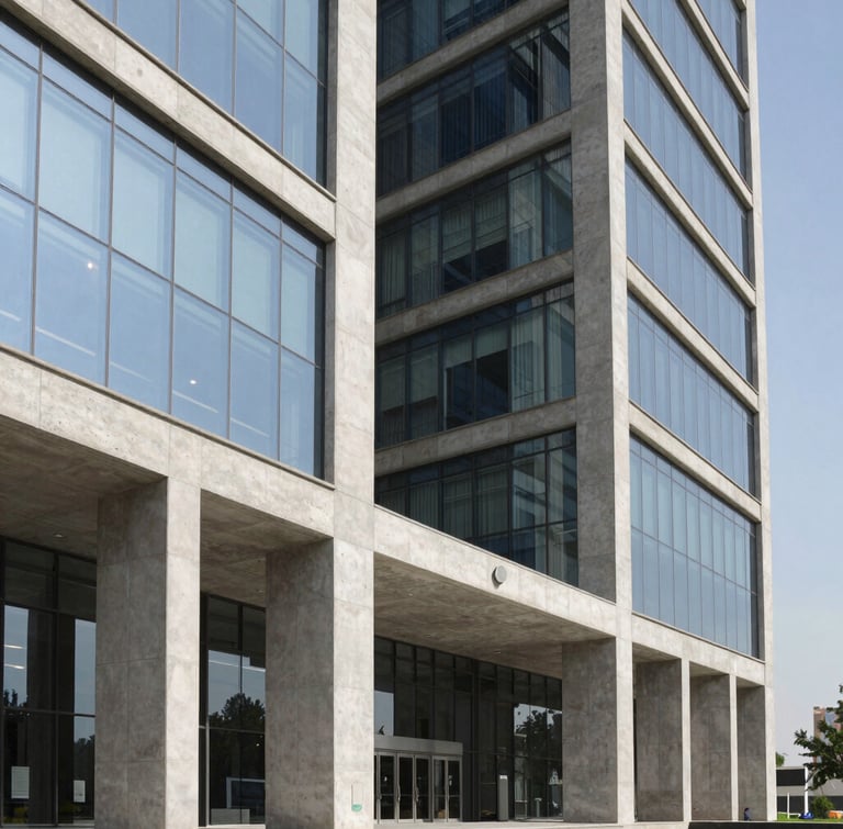 Crisp architectural photography of a modern concrete and glass corporate headquarters in Islamabad, sharp daylight, deep shadows, 35mm lens.