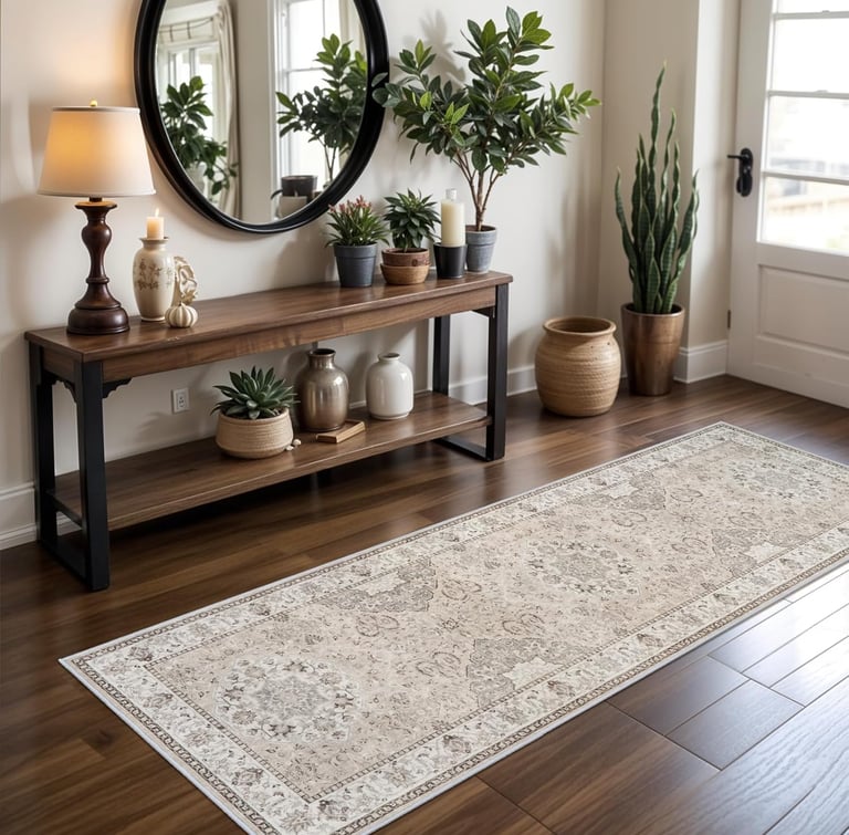Vintage washable runner rug in a bright kitchen with non-slip design, perfect for hallways, entryways, and laundry rooms