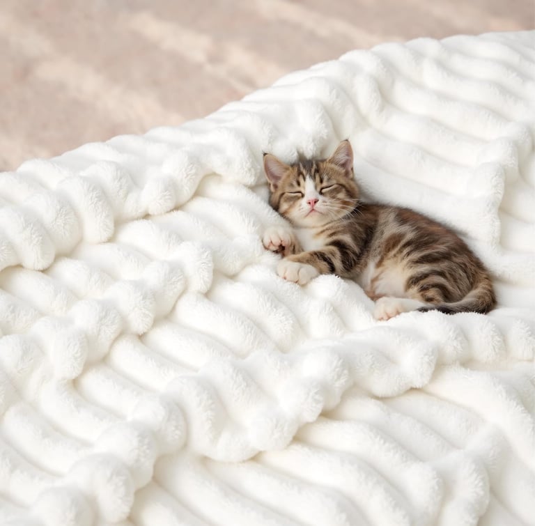 Adorable tabby kitten sleeping peacefully on a soft white textured blanket.