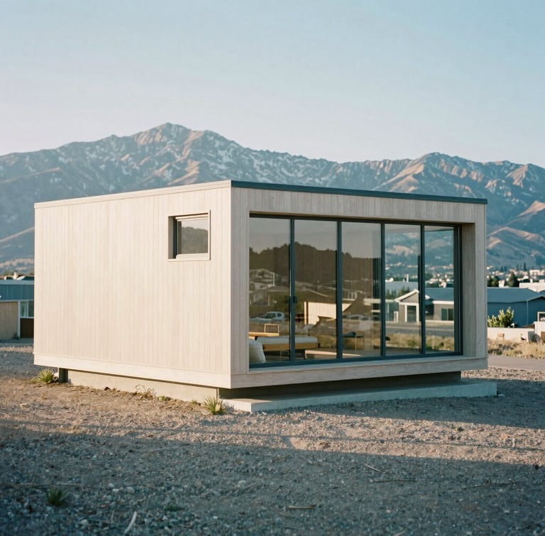 Wide shot of a minimalist modern wood and glass retreat nestled in the Salt Lake City mountains, soft morning daylight, cool shadows, editorial film photography, 35mm lens