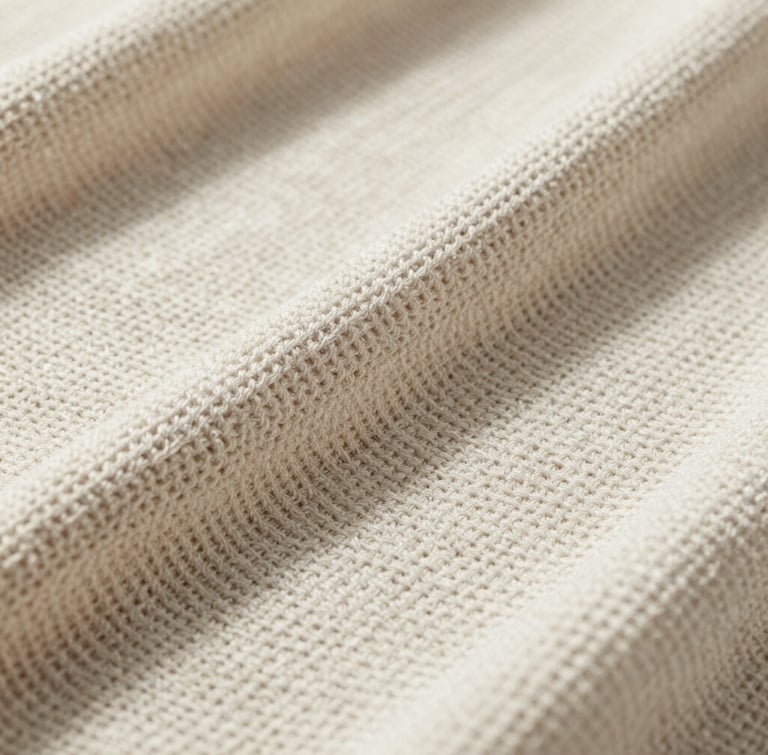 Macro studio photograph of unbleached organic cotton interlock knit fabric, showing technical loop structure, sharp directional shadows, industrial feel.