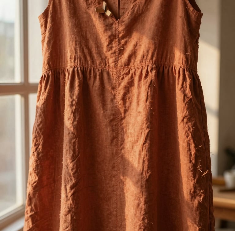 Close-up of a warm clay terracotta linen dress hanging on a wooden peg, soft golden hour light filtering through a window, highlighting the raw fiber weave and meticulous seam construction